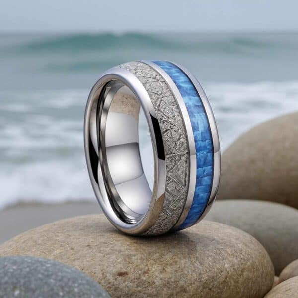 Trailblazer meteorite and blue carbon fibre tungsten ring for men, contemporary 8mm wedding band or fashion statement ring.