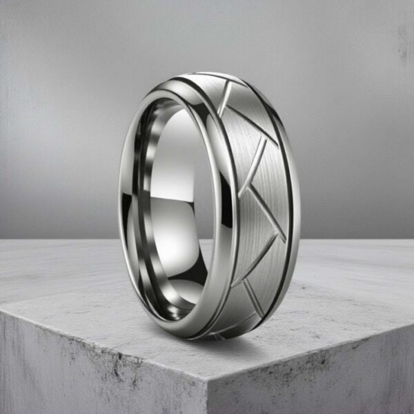 The Valiant men’s silver tungsten eternity ring — grooved design with custom engraving for gents.