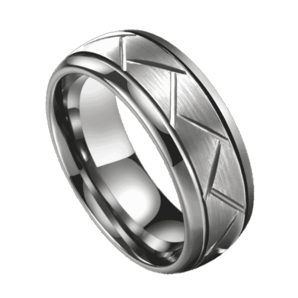 A close up image of a mans ring. It is a silver tungsten ring that has a brushed finish. It has distinctive grooves in a pattern all the way round the ring.