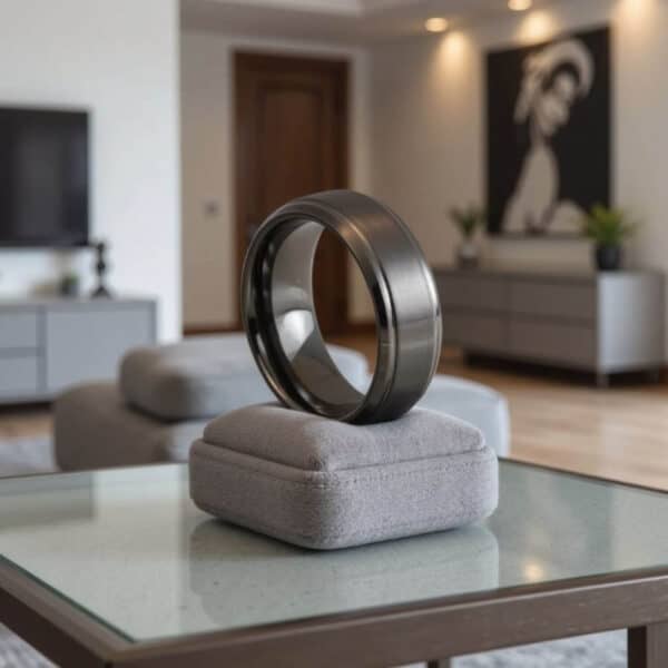 A custom engraved mans gunmetal grey ring. This ring for him is crafted from the ever strong tungsten.