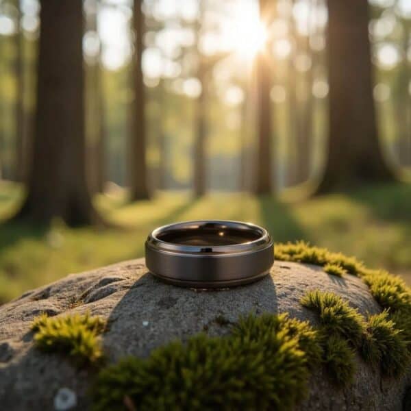 Gents eternity ring or promise ring for guys. A gunmetal grey tungsten ring with raised centre that features a brushed finish