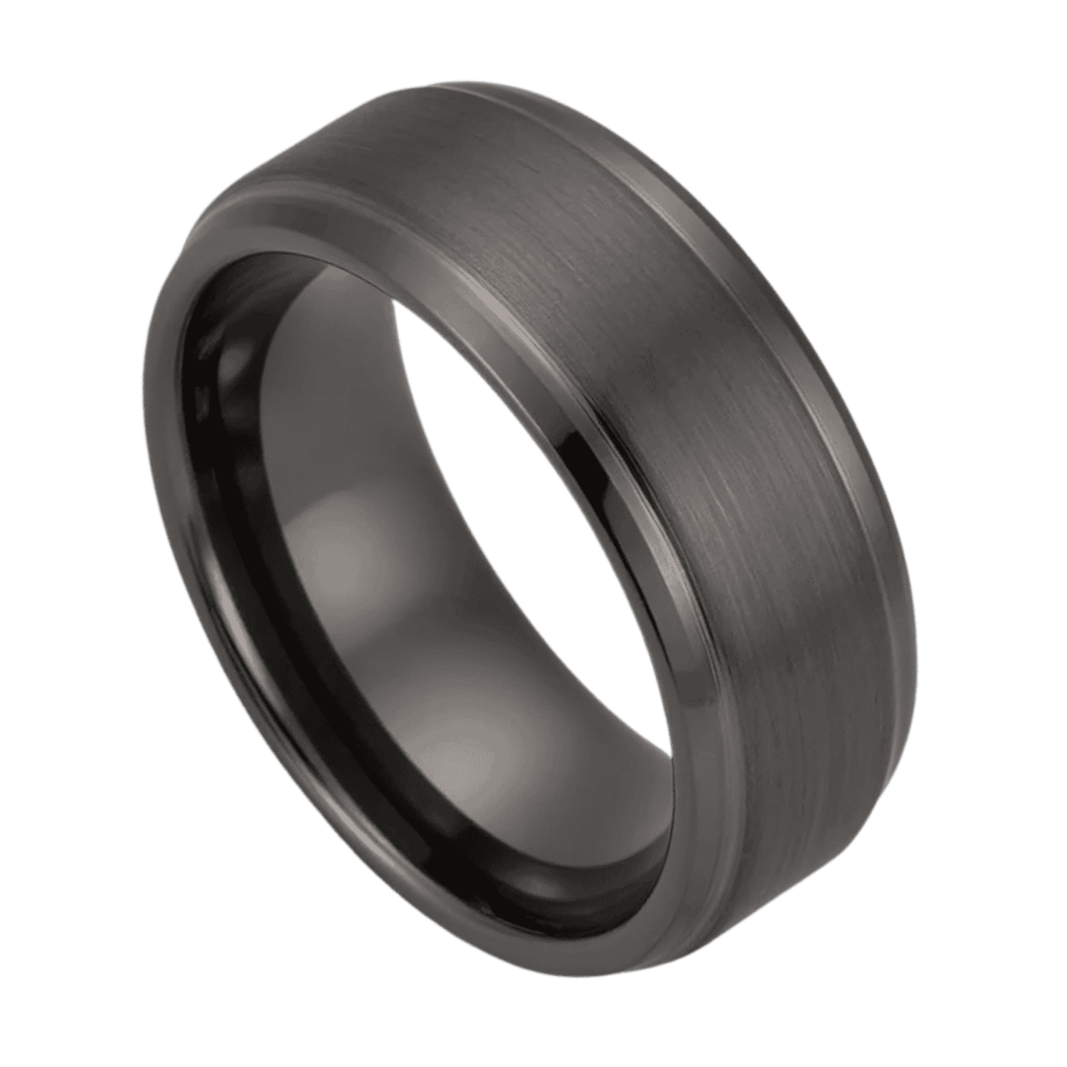 A zoomed in shot of a mens gunmetal grey tungsten ring. With a slightly raised centre section which has a brushed finish. And polished stepped edges.