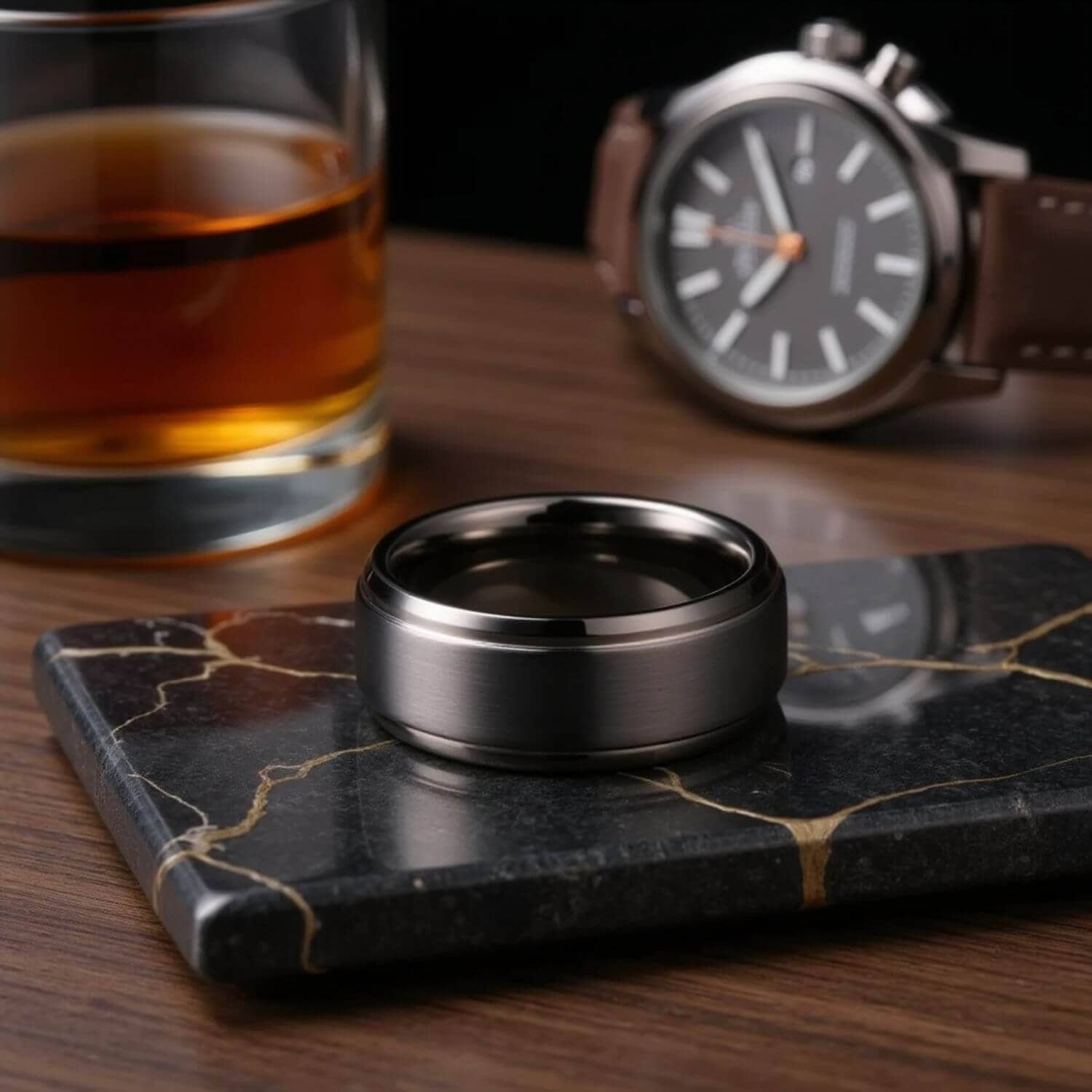 A gunmetal grey mens tungsten ring. Suitable as a male wedding band or engagement ring.