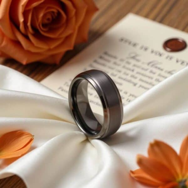 A mens statement ring made with gunmetal grey tungsten. Suitable a wedding band for him or a mans fashion statement ring.