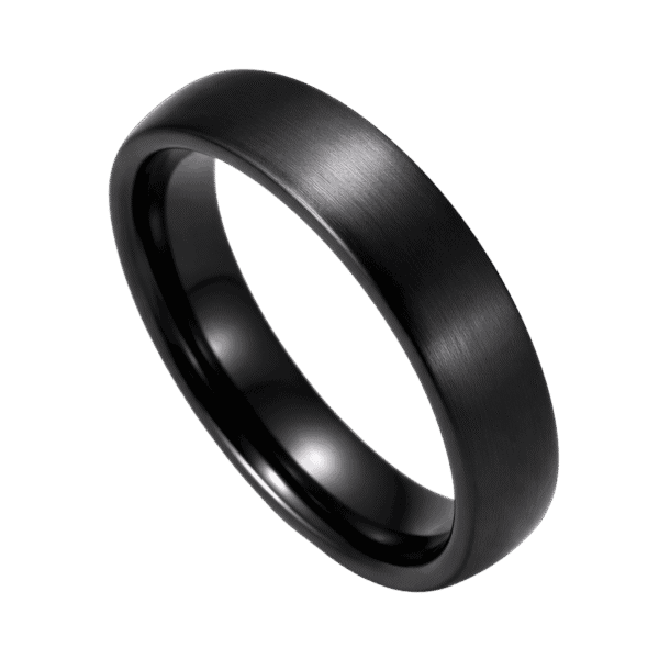 A close up image showing a brushed black ring made with ceramic. Zoomed in, you can see the close up detail of the ring.