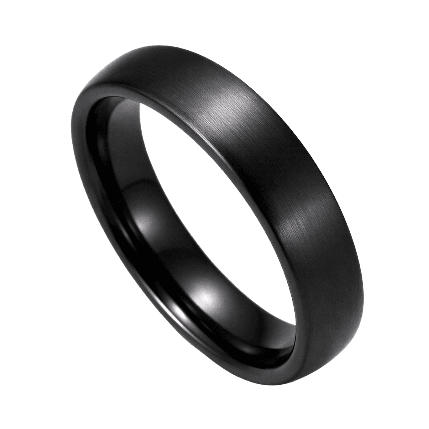 A close up image showing a brushed black ring made with ceramic. Zoomed in, you can see the close up detail of the ring.