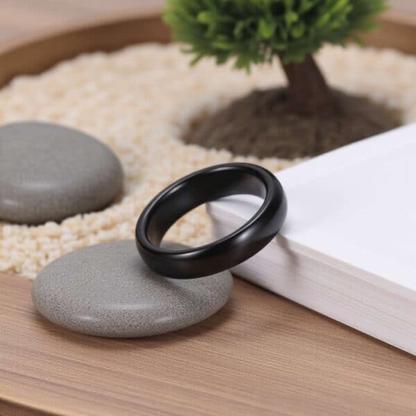 Black ceramic men’s ring — The Mountaineer 4mm modern wedding band or promise ring with personal engraving.