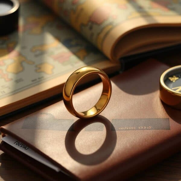 Modern 4mm gold tungsten ring for men, slim style wedding band or eternity ring for him with personalised engraving.