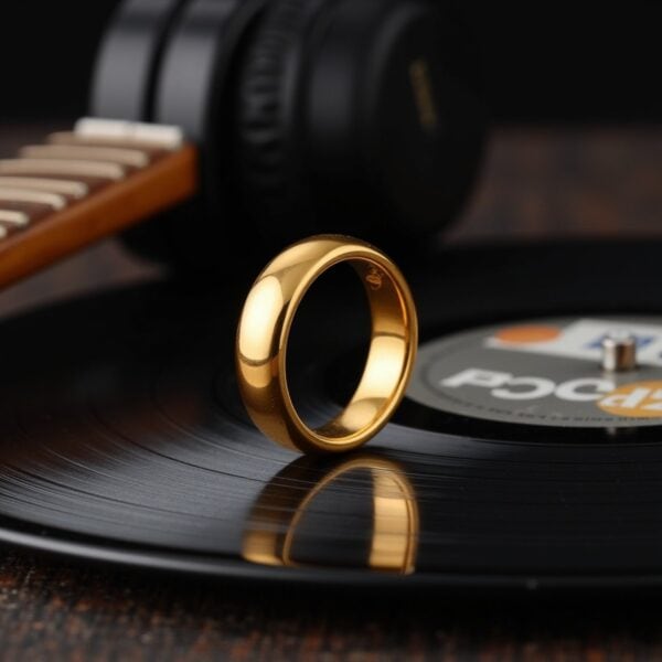 Polished gold tungsten 4mm ring for men, ideal male wedding band, engagement or promise ring with personalised engraving