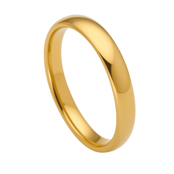 Slim gold tungsten 4mm men’s wedding band with polished finish, ideal as engagement, eternity, or promise ring with personalised engraving
