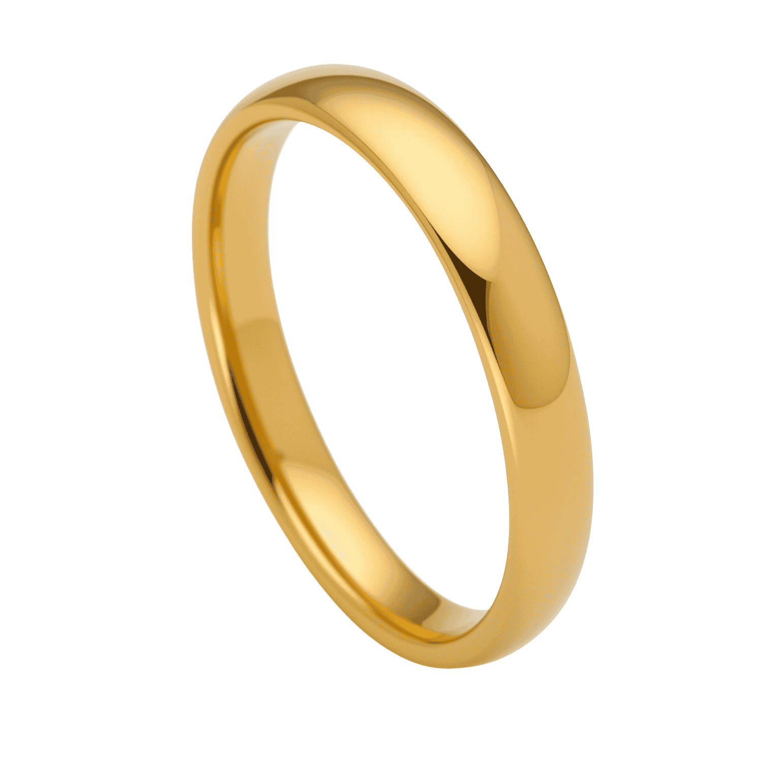 Slim gold tungsten 4mm men’s wedding band with polished finish, ideal as engagement, eternity, or promise ring with personalised engraving