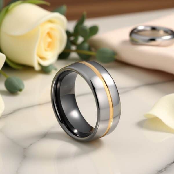 Gents Engagement Ring in Silver and Gold Tungsten