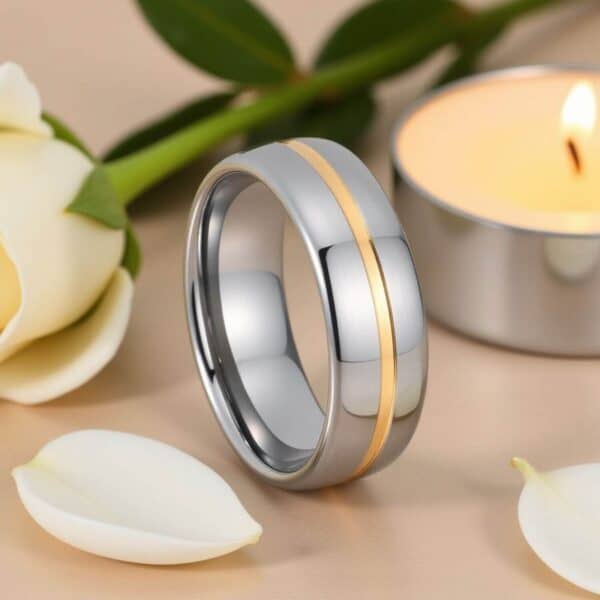 Silver Mans Tungsten Ring with Gold Line