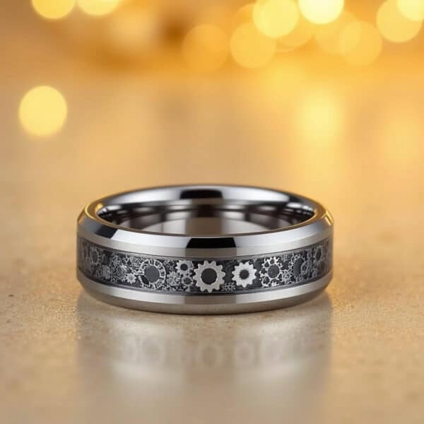 Cogwheel design mens ring - made with silver tungsten and black carbon fibre