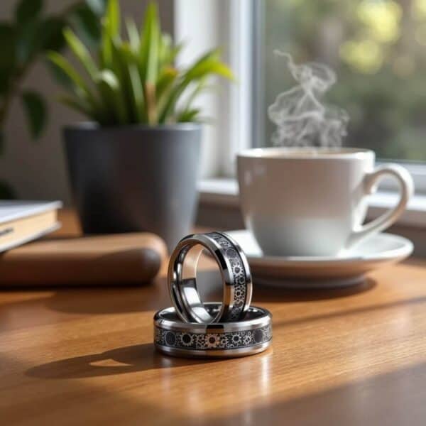 Mens tungsten and carbon fibre ring with cogwheel design. Silver and black mens ring.