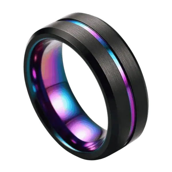 The Unity black tungsten men’s ring with iridescent rainbow groove — bold wedding band or eternity ring with custom engraving for him.