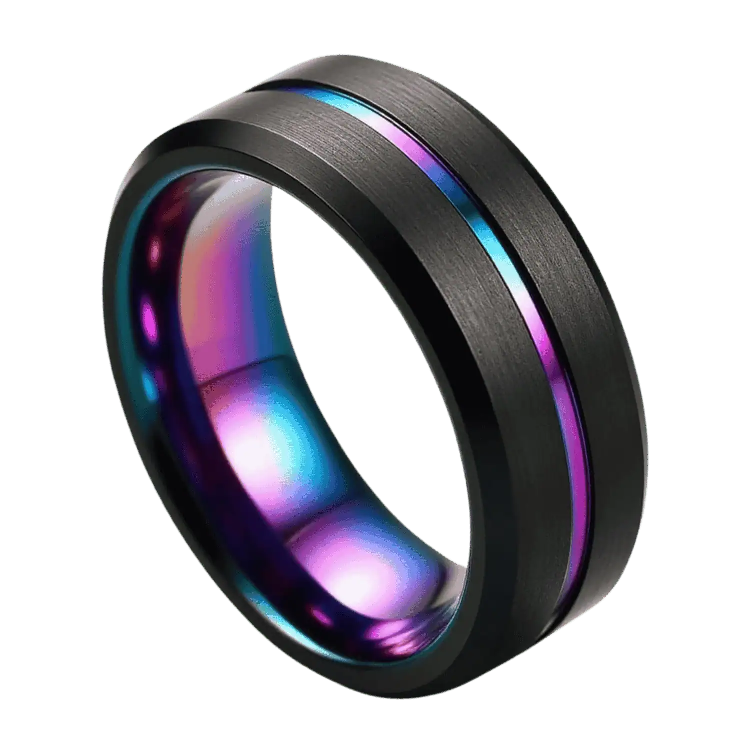 The Unity black tungsten men’s ring with iridescent rainbow groove — bold wedding band or eternity ring with custom engraving for him.