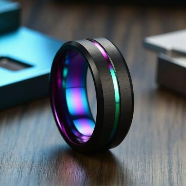 The Unity black tungsten men’s band with iridescent rainbow inlay — promise ring or eternity band for men.