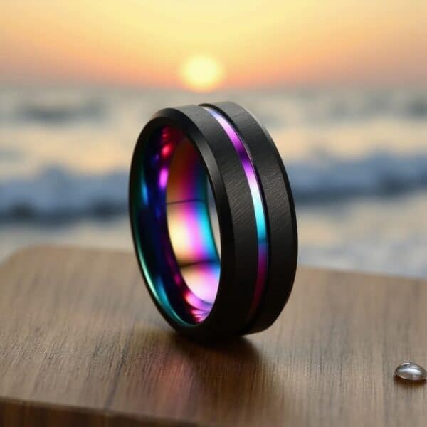 The Unity iridescent black tungsten ring for men — masculine wedding band with personal engraving.
