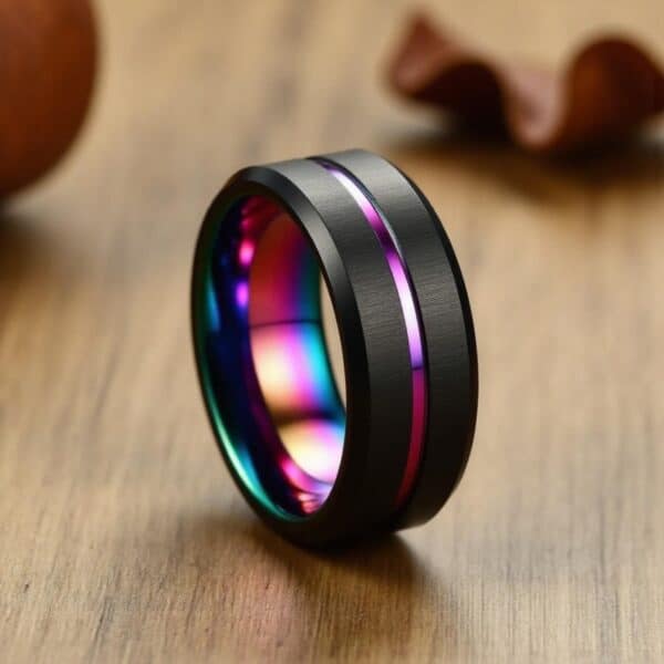 Unity rainbow iridescent black tungsten men’s ring — stylish wedding band or promise ring for him with personalised engraving.