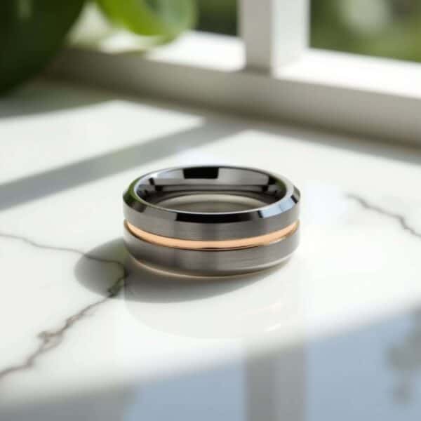 Brushed silver tungsten ring for men with groove of rose gold