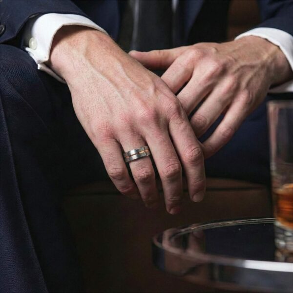 Silver tungsten mens ring – male wedding band and statement ring with custom engraving.