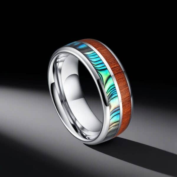 mens shell wood  ring modern style design silver band