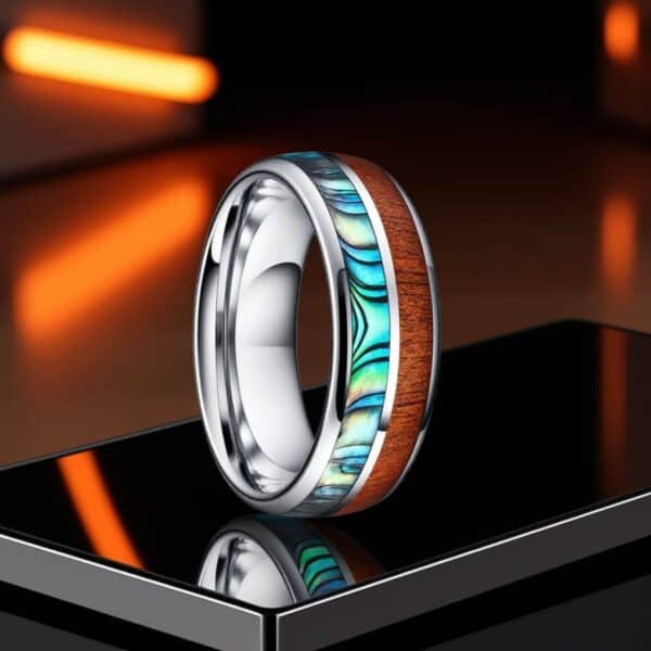 Mans Promise Ring or Eternity Band - Silver Tungsten, Wood, and Shell