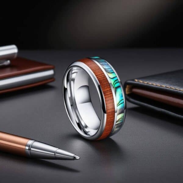 A promise or eternity ring for him. Silver Tungsten Band with Wood and Abalone Shell