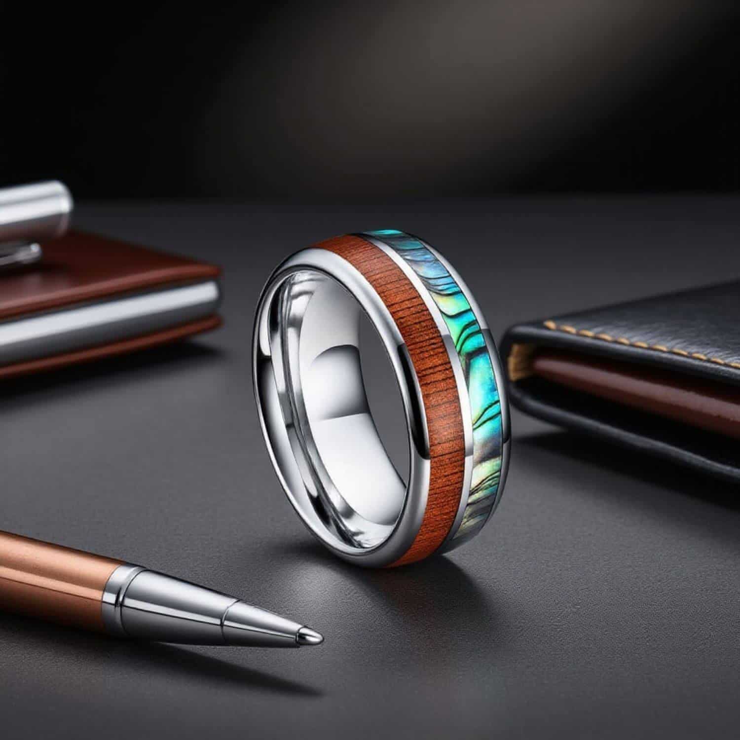 A promise or eternity ring for him. Silver Tungsten Band with Wood and Abalone Shell