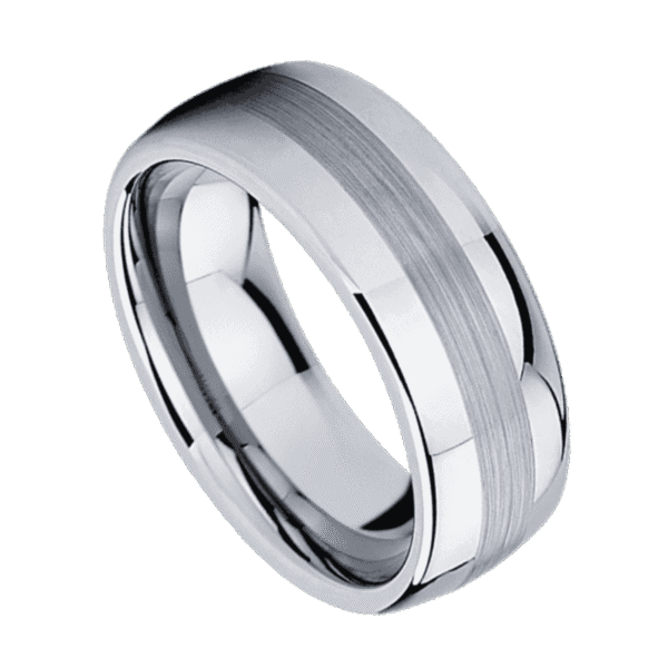 A close up image of a silver tungsten ring. With a domed shape, like a classic wedding band, it has a distinctive brushed centre that runs through the middle of the ring.