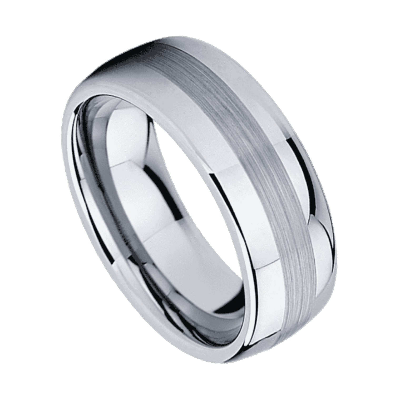 A close up image of a silver tungsten ring. With a domed shape, like a classic wedding band, it has a distinctive brushed centre that runs through the middle of the ring.