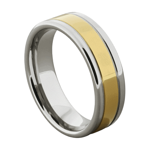 The Opulent men’s tungsten ring in polished silver with gold centre groove — flat-profile design, perfect as a wedding band with personalised engraving.