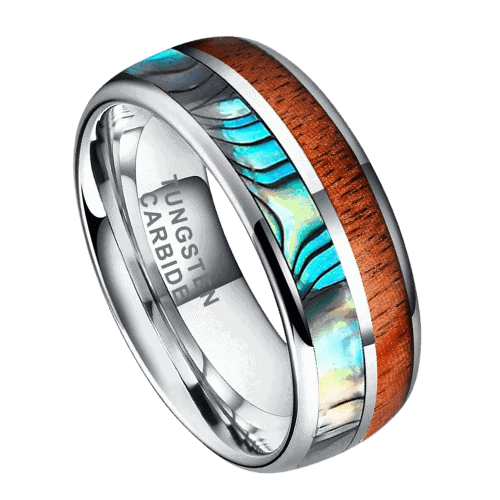 silver shell wood ring wedding anniversary engagement band for men tungsten 8mm in all sizes