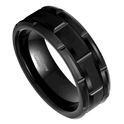 black mens ring 8mm tungsten block bold modern design wedding anniversary and engagement band in all sizes