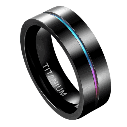 Mens black ring of titanium with gay pride colours in 7mm. Perfect for weddings anniversary or engagement band