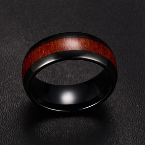 wood ring for men on black tungsten band. 8mm in all sizes