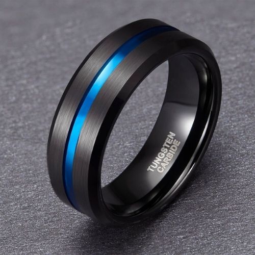 black mens ring with blue modern style for wedding anniversary engagement tungsten 8mm
