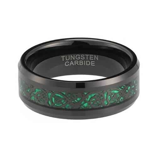mens green ring with black 8mm band. Irish modern design carbon fibre wedding anniversary engagement band