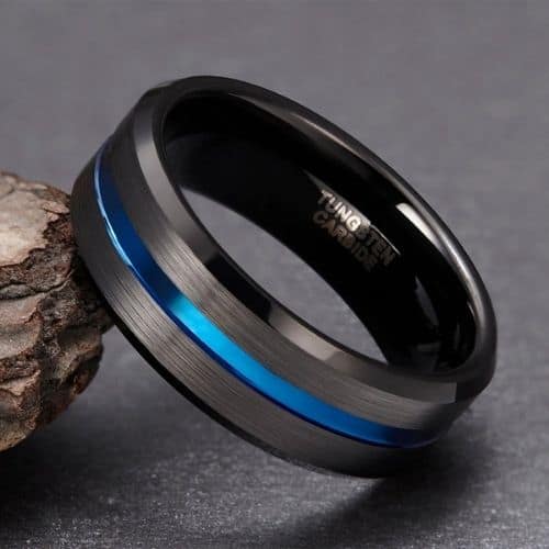 black mens ring in tungsten 8mm with blue 