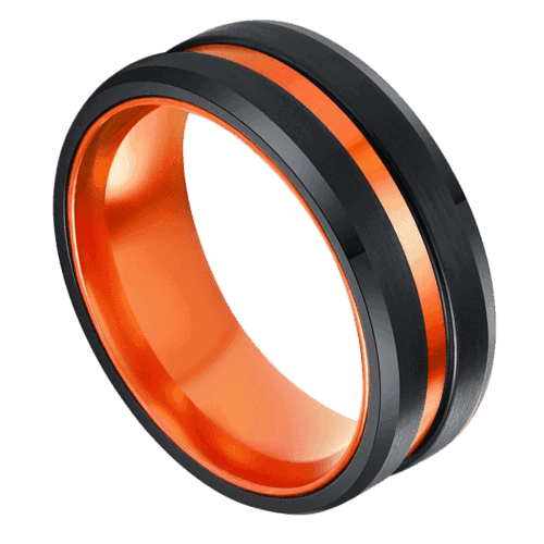 black mens ring with orange centre band 8mm tungsten wedding anniversary engagement ring in all sizes