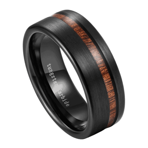 Striker men’s tungsten wood ring, black wedding or engagement band with polished interior and engraving option.