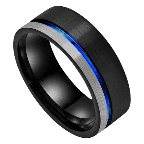mens black ring with silver and blue modern design for wedding anniversary and engagement band 8mm in all sizes