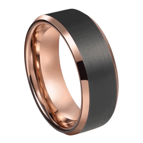 black mens ring with rose gold rim tungsten 8mm band for wedding anniversary engagement or promise ring in all sizes
