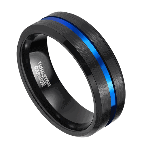 mens black ring with blue heart tungsten wedding anniversary engagement band 8mm in all sizes