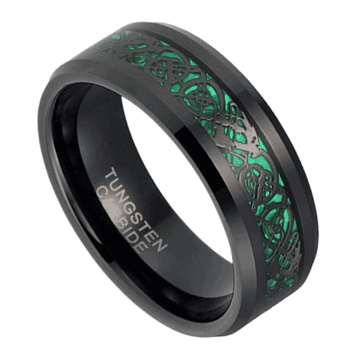 green mens ring with black tungsten 8mm wedding anniversary or engagement band in all sizes