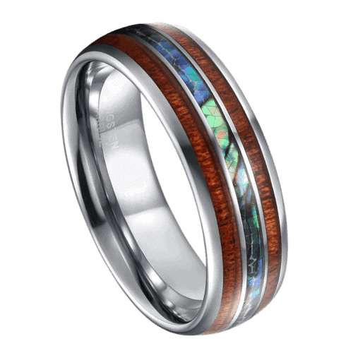mens silver ring with wood and shell. 8mm tungsten band perfect for wedding anniversary or engagement. in all sizes