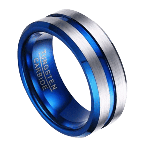 mens blue ring with brushed silver sides 8mm tungsten band for wedding anniversary and engagement in all sizes
