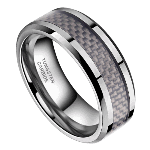 silver mens ring with carbon fibre inlay 8mm tungsten wedding anniversary engagement band in all sizes