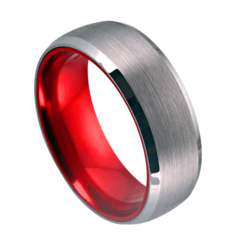silver mens ring with red tungsten inside for wedding anniversary engagement band in all sizes